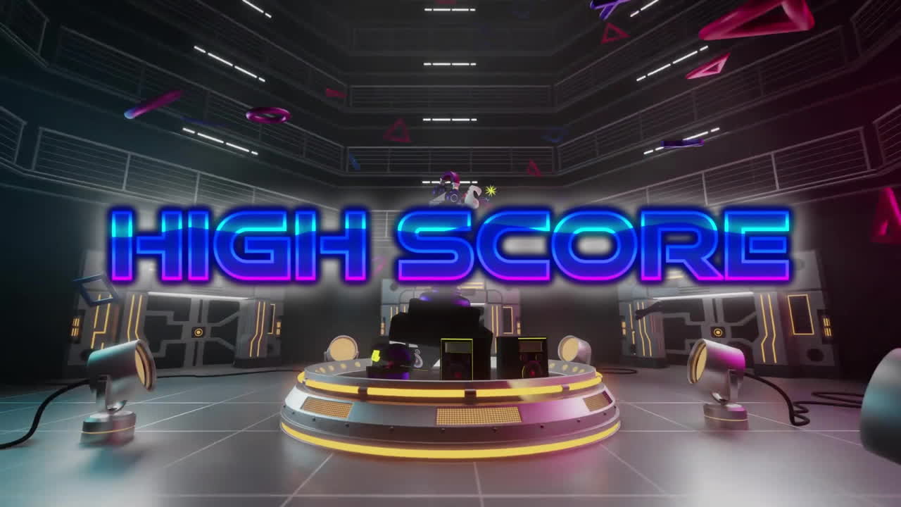 animación de iconos de juegos y texto de puntuación alta en la sala cibernética con taza