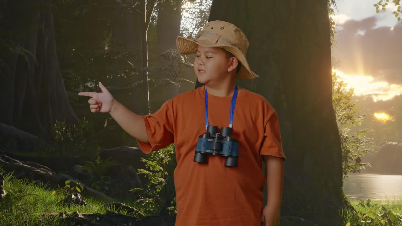 모자와 안경을 쓴 아시아 소년이 웃으며 을 가리키며 숲의 자연을 탐구합니다. 소년 연구자는 무언가를 조사합니다. 여행, 관광, 모험 개념.