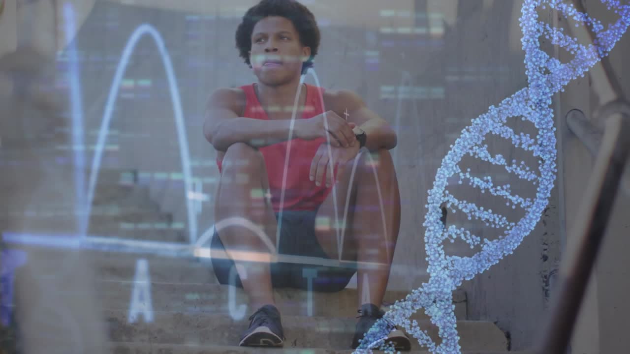 Man tying running shoes on concrete stairs, activating animated DNA helix and charts for fitness