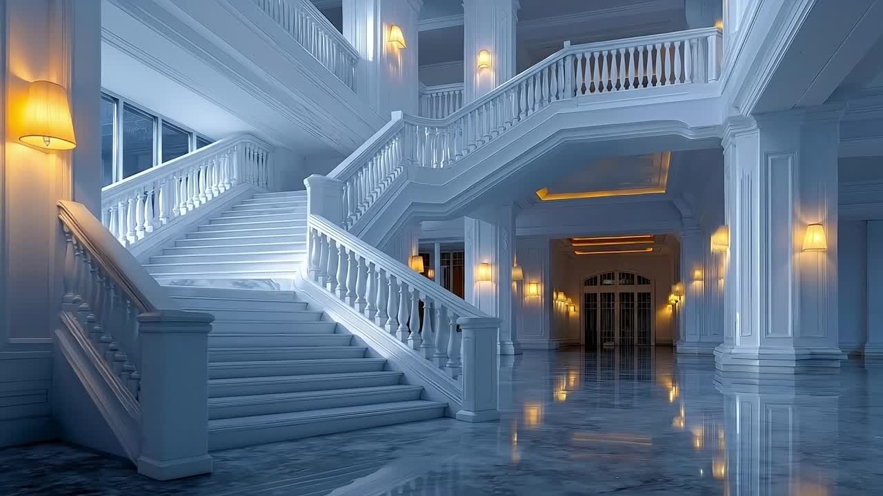 A large white staircase in a large white building