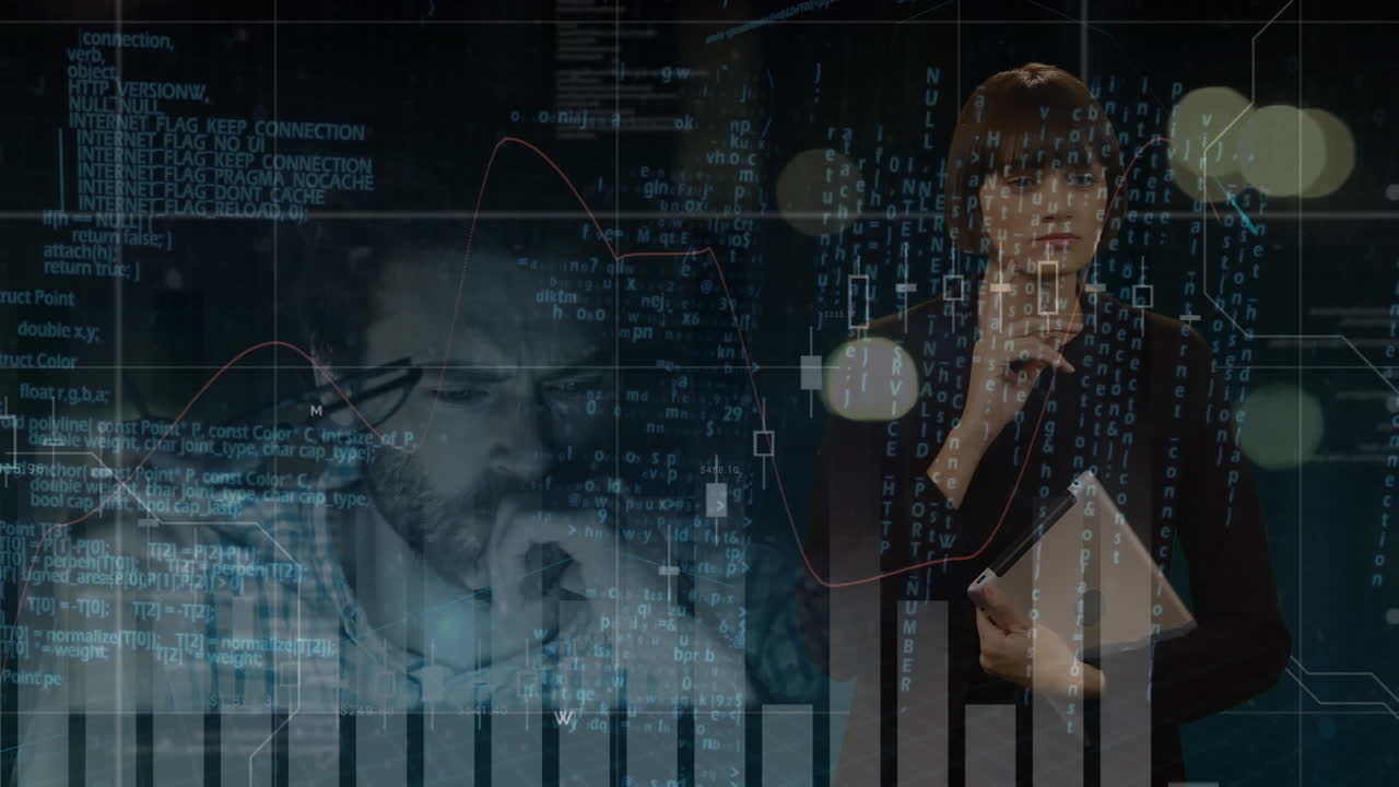 animación de una mujer de negocios usando una interfaz de pantalla táctil sobre un hombre de negocios y procesando datos