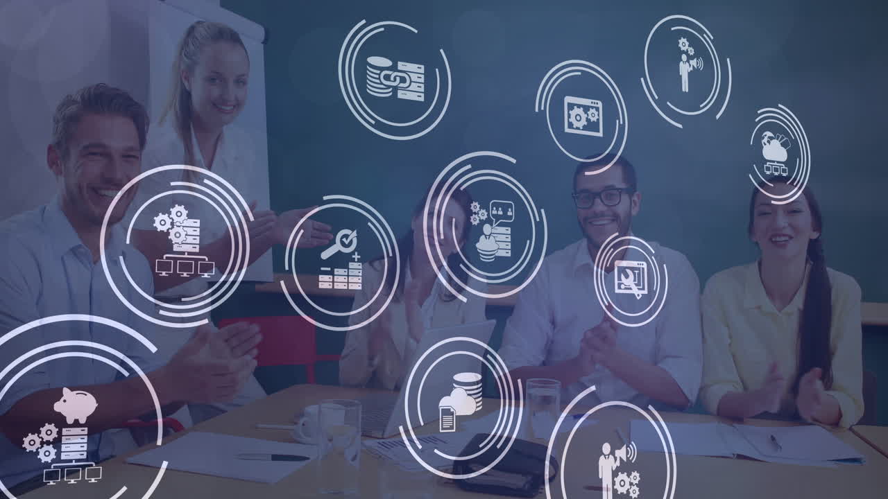 animación de iconos financieros sobre un grupo diverso de personas de negocios