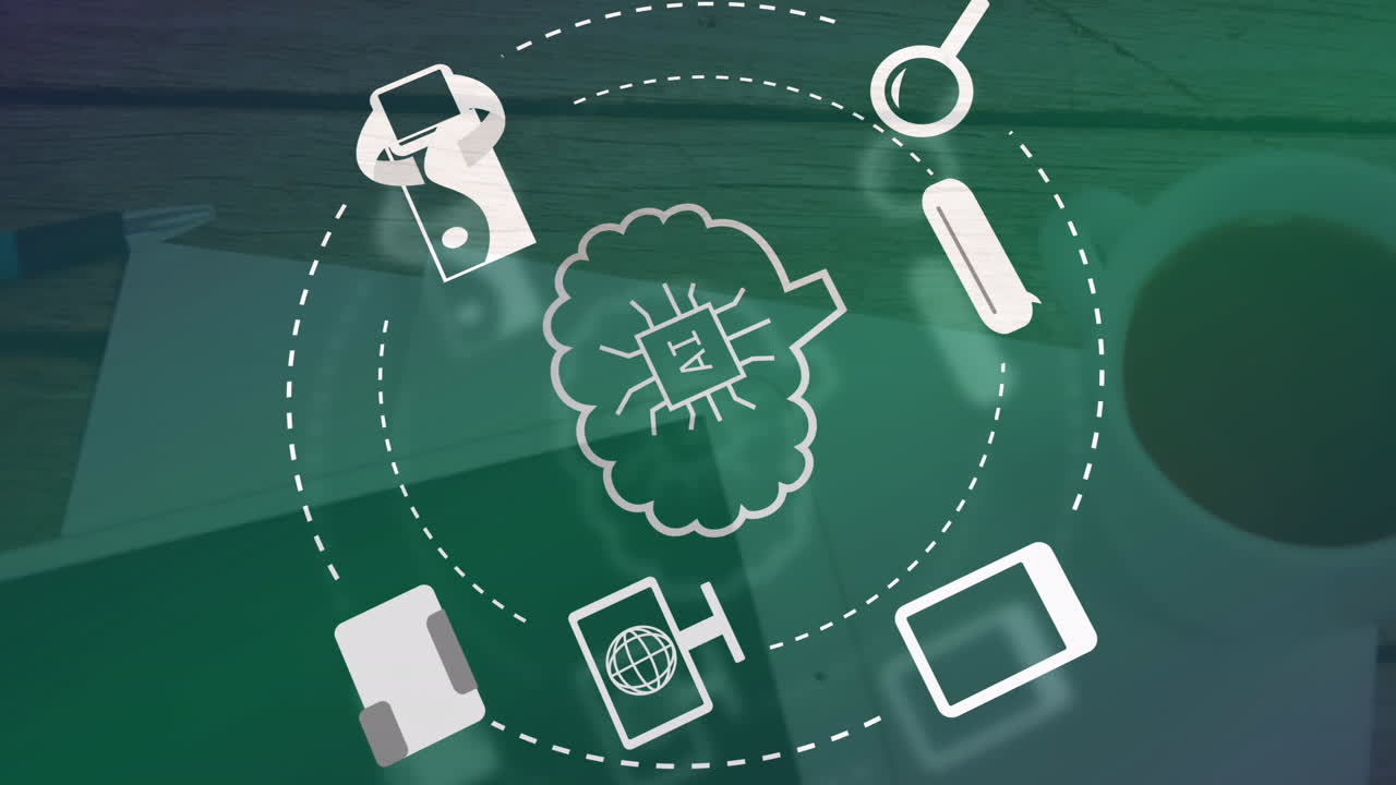 녹색 배경 위에 있는 데이터 처리 및 아이콘의 애니메이션