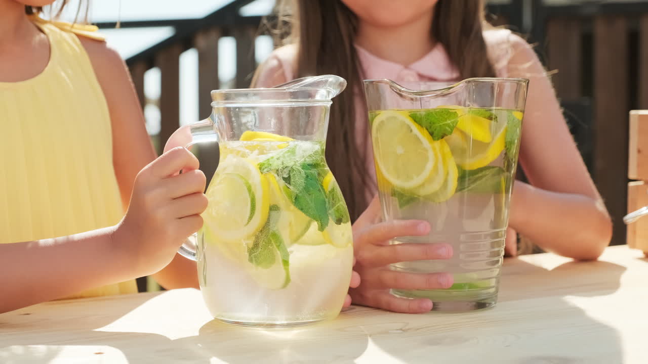 Girls With Lemonade In Glass Decanters