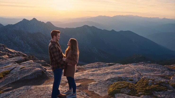 A couple embracing on a mountain peak at sunset