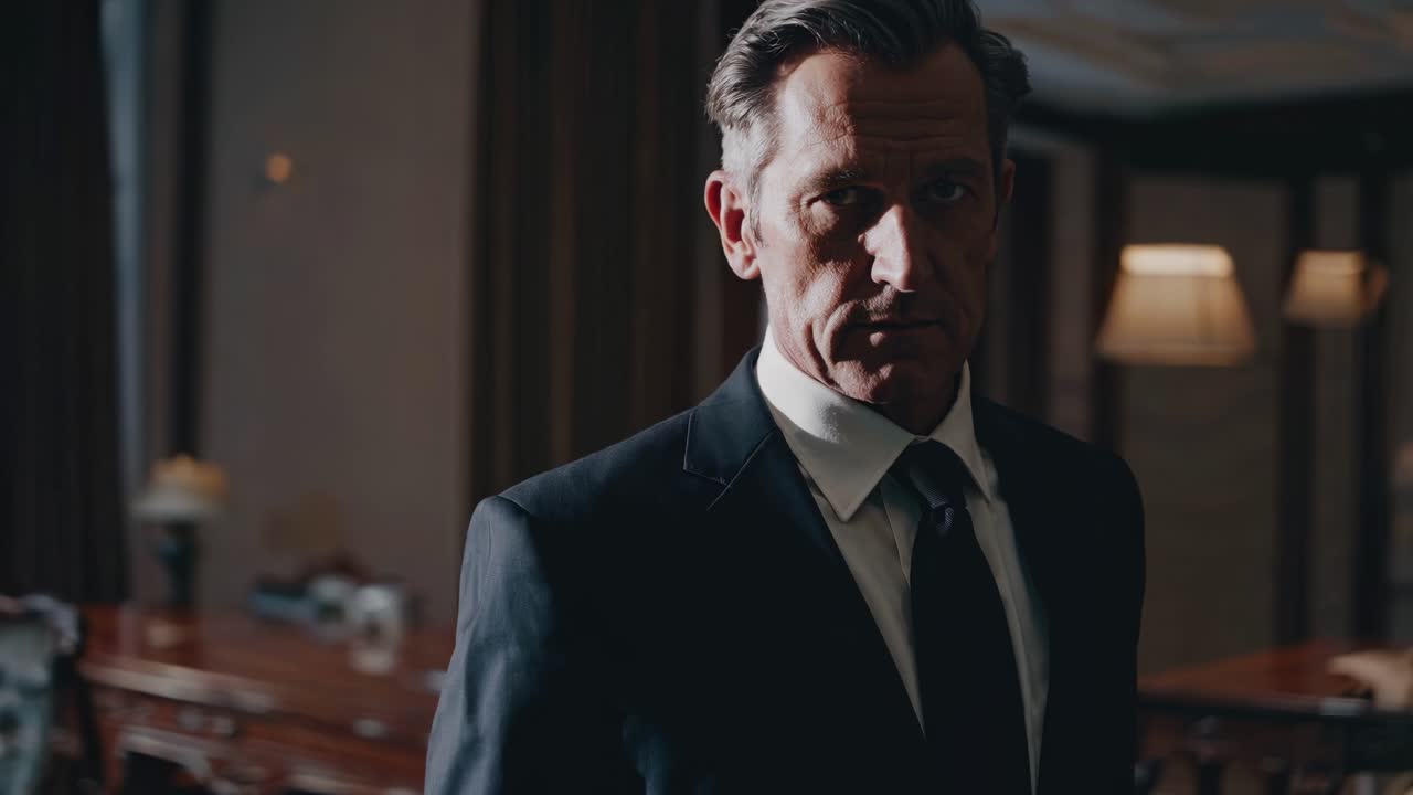 Dramatic video scene with a low-angle shot of a man in a suit in a dimly lit office
