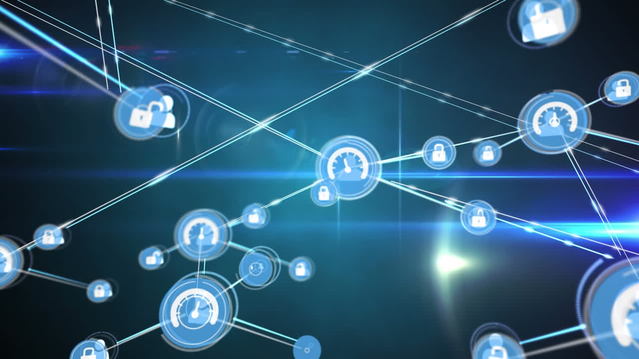 Animation of network of digital icons and light spots against blue background