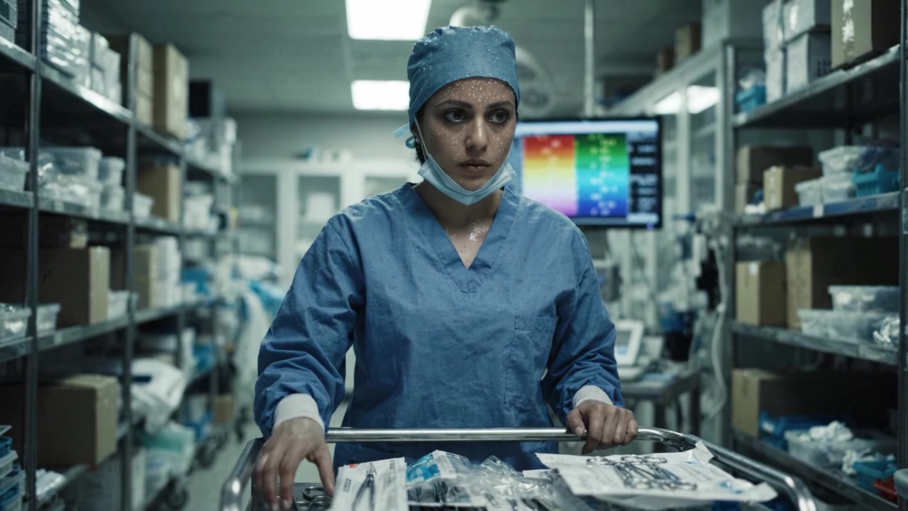 Un professionista sanitario concentrato in divisa medica spinge un carrello attraverso una stanza di forniture mediche, evidenziando dedizione e prontezza in un contesto sanitario.