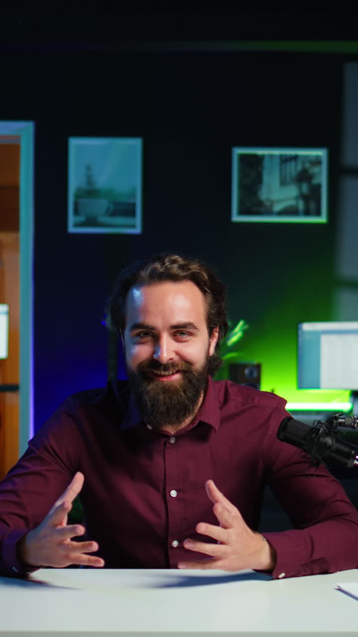 Video verticale: influencer felice in studio che filma una recensione su tablet con chroma key