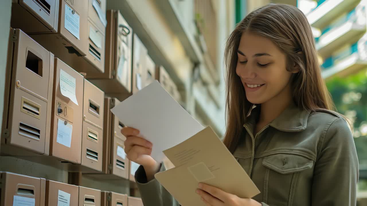Young woman standing near residential building, cheerfully collecting and reading personal letter from mailbox, expressing genuine happiness and positive emotion