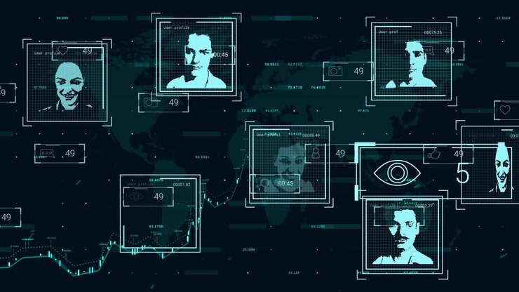 Animation of user photos, social media reactions, digital padlock on black background