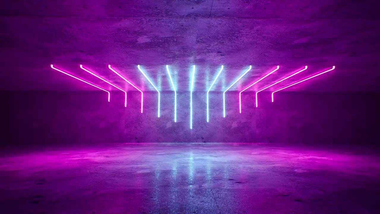 Futuristic Sci Fi Dark Empty Room With Blue And Purple Neon Glowing Line Tubes On Grunge Concrete Floor With Reflections 3D Rendering