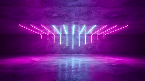 futuristic sci fi dark empty room with blue and purple neon glowing line tubes on grunge concrete floor with reflections 3d rendering