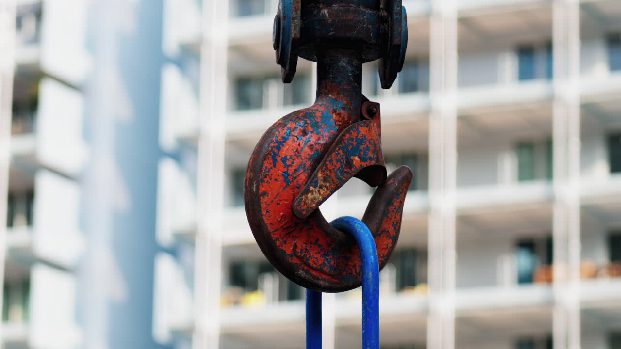 Close up of the hook of a crane machine suspended with a building on the background