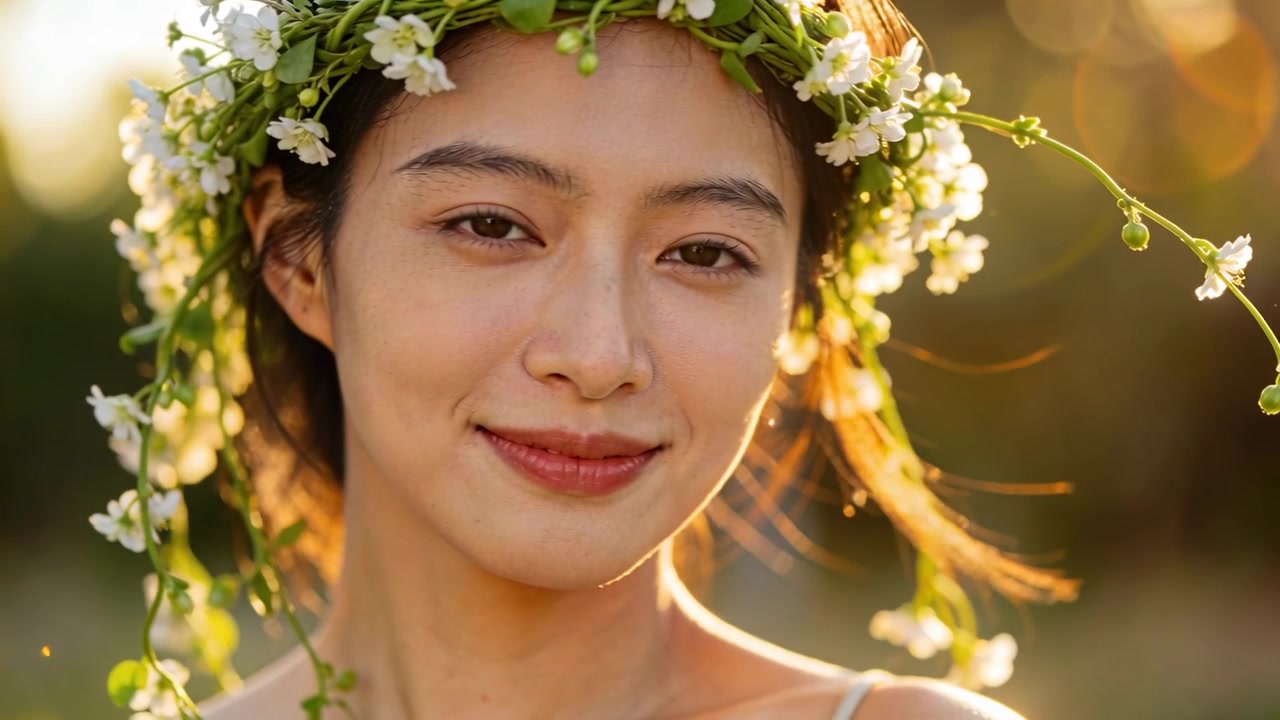笑顔の女性が、ゴールデンアワーに首を傾げ、瞬きをしながらポーズをとり、花冠をつけ、細いストラップのトップスを着て、そよ風に吹かれている。