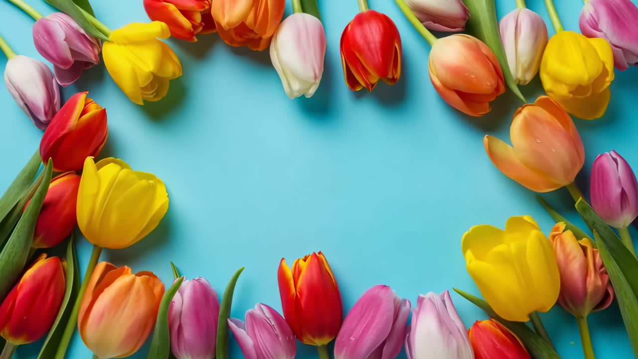 Top-down video of colorful tulips forming a heart shape on a bright blue background