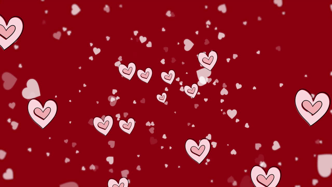 Animazione di icone di cuori rossi che fluttuano su sfondo rosso