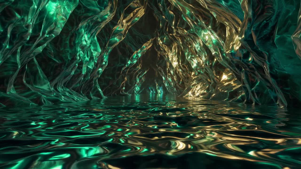 Glowing green ice cave with mesmerizing reflections on the water creating a surreal, magical atmosphere