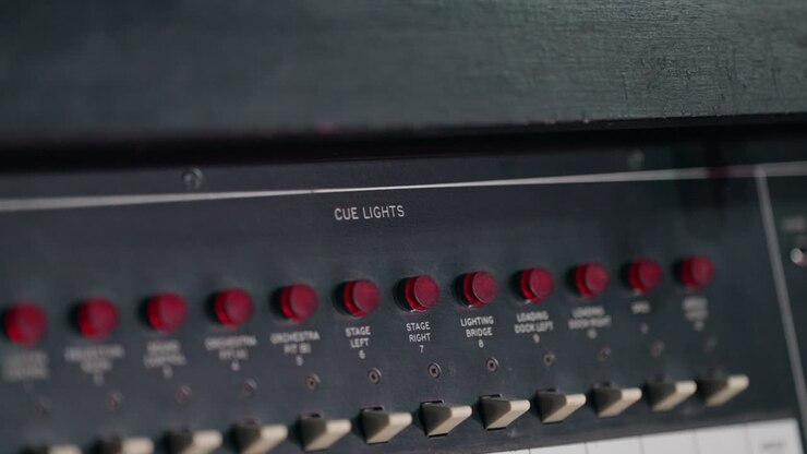 Close up of an old cue light control panel with red switches and worn buttons