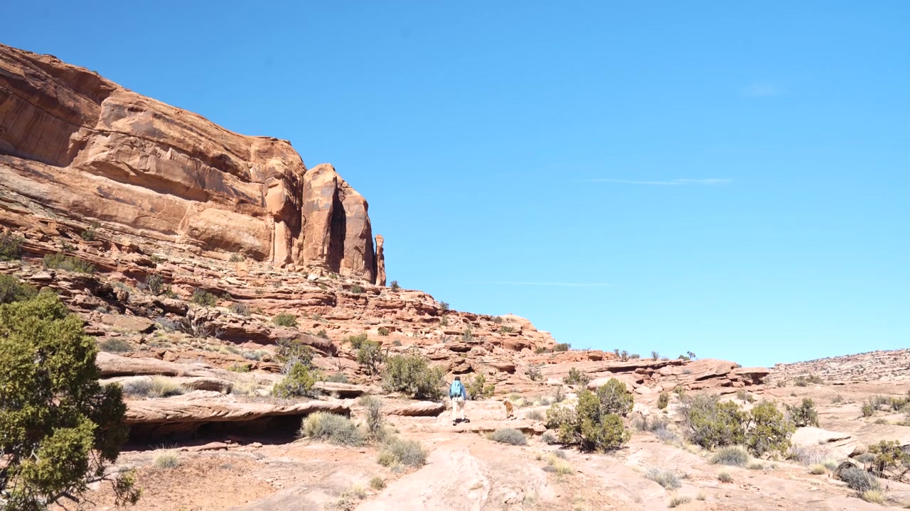 Uomo con zaino e cane che cammina in salita nel paesaggio desertico dello Utah, USA, sentieri escursionistici Pinto e Jeep Arch.
