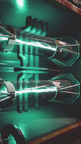 close up of a futuristic machine with green glowing pipes