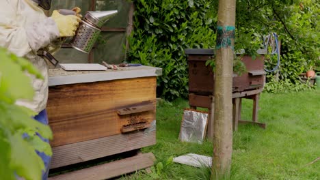 slow motion, bee keeper with smoker, wooden hive, protective clothing