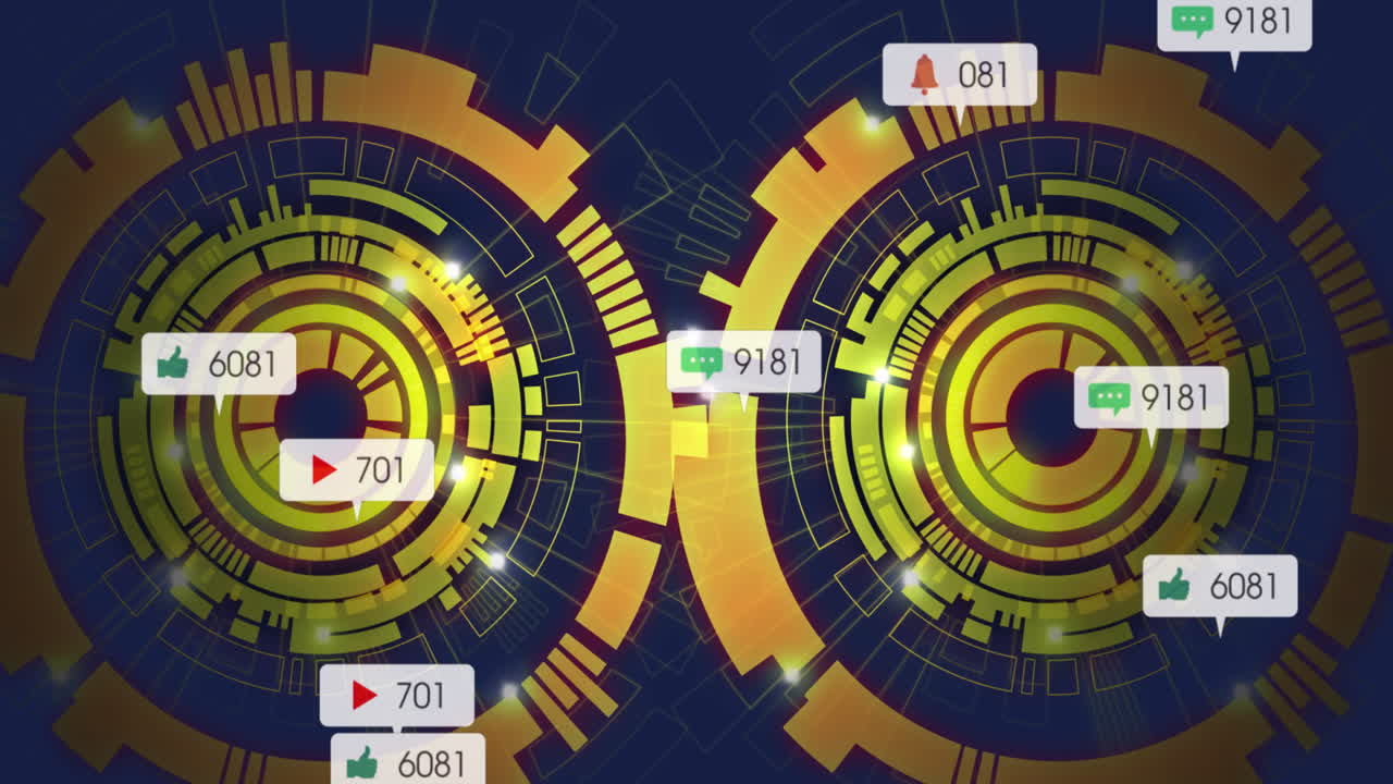 animación de iconos de redes sociales flotando sobre dos escáneres redondos giratorios contra un fondo azul