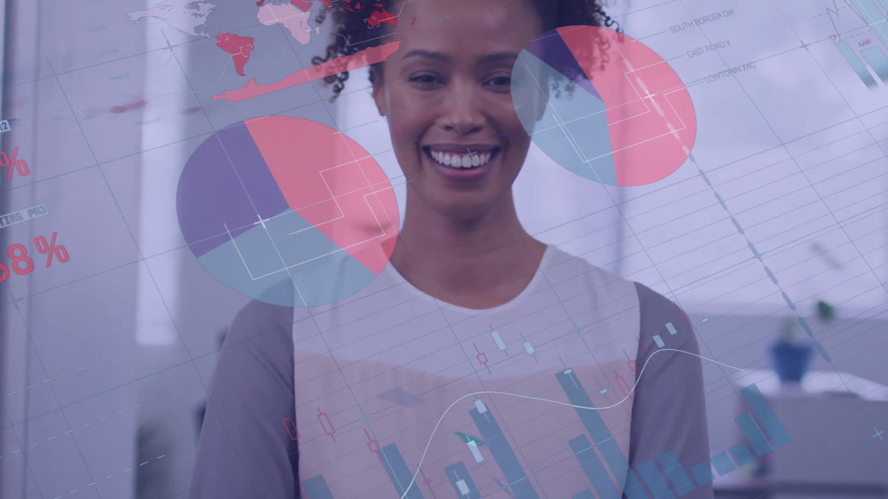 Animasi pemrosesan data keuangan di atas pengusaha wanita Afrika-Amerika di kantor