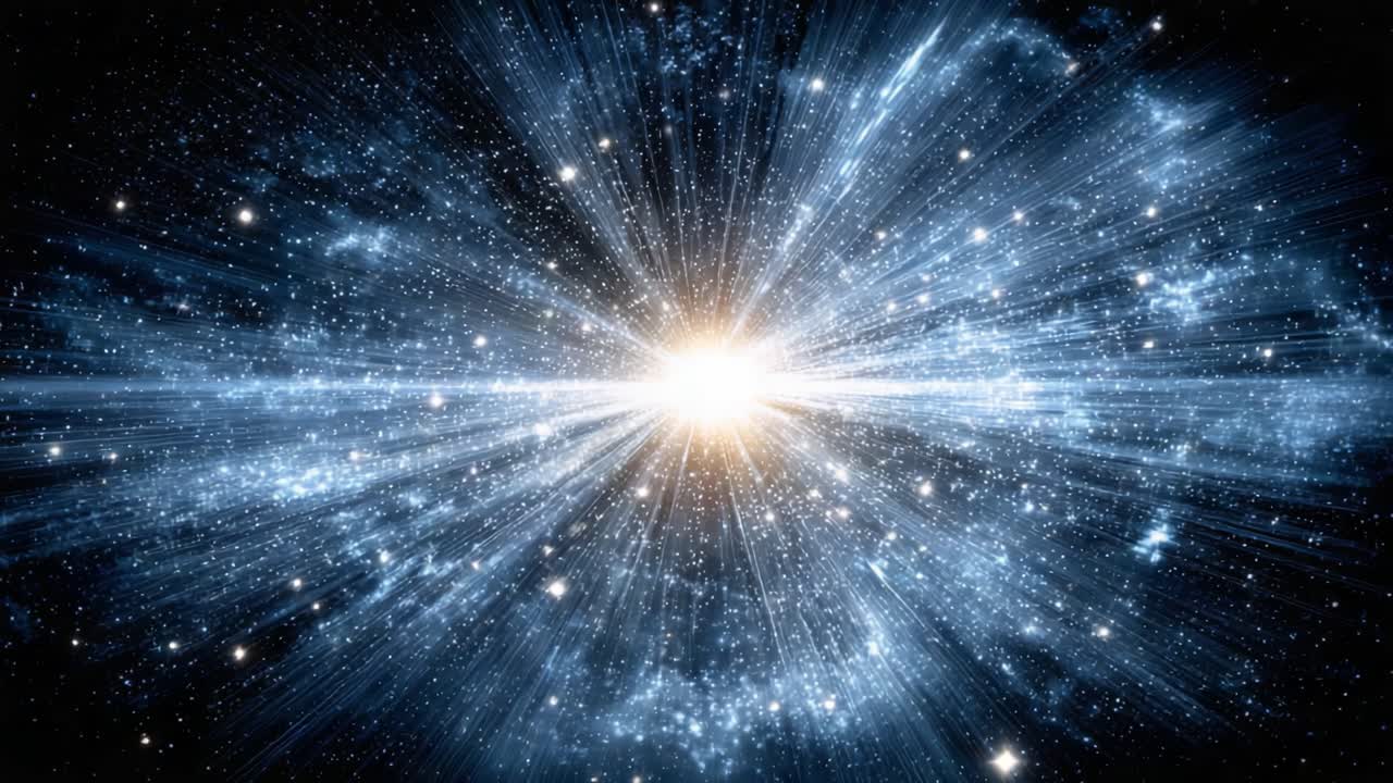 A Stunning Visualization of Cosmic Eruption: Illuminating Galactic Energy Burst with Radiant Beams Expanding Through the Universe and Engulfing the Night Sky