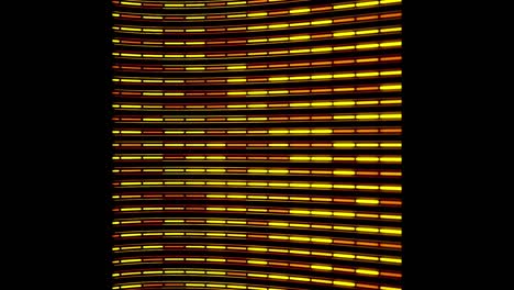 líneas abstractas de colores divididas en pequeños segmentos que fluyen sobre un fondo negro, bucle sin costuras. animación. filas horizontales digitales de estrechas rayas amarillas y rojas