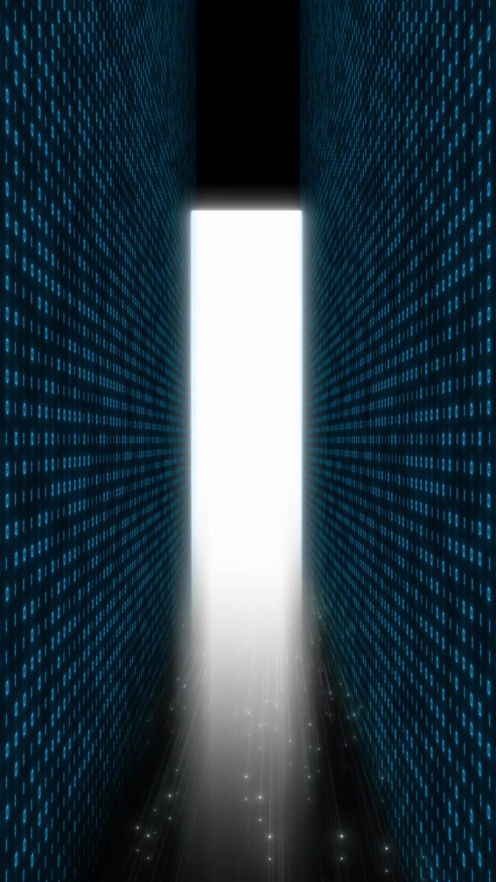 Visuel udgang fra digital datatunnel med binærkodevægge, lys portalindgang og futuristisk blå.