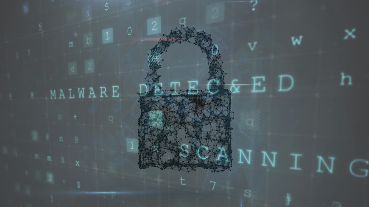 animación de puntos conectados que forman un candado sobre letras, números, símbolos y textos en el fondo