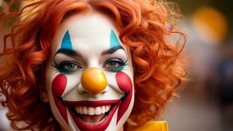 a woman dressed as a clown smiles at the camera