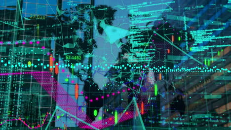 animación del procesamiento de datos financieros sobre el paisaje urbano
