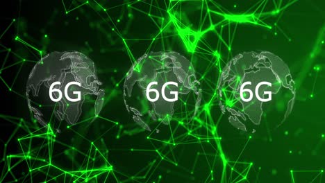 animation of rotating globes, connections and 6g on green background