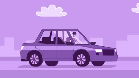 purple style man flat character driving violet car. isolated loop animation with alpha channel