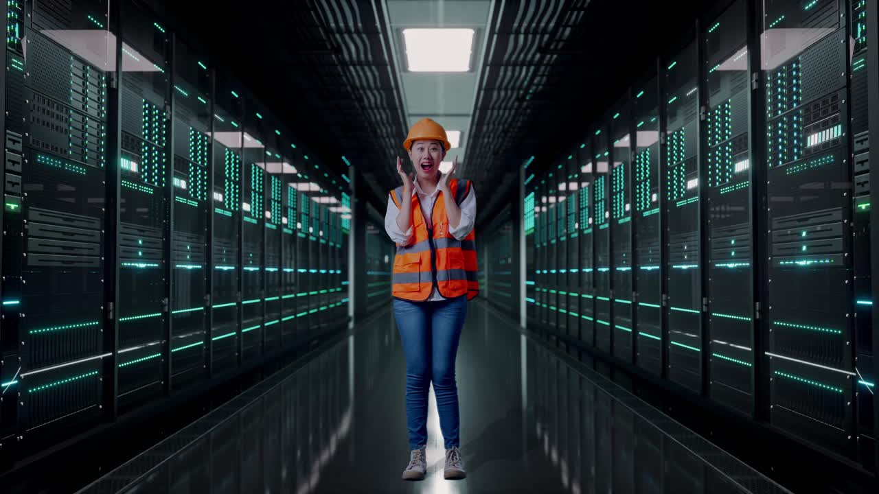Full Body Of Asian Female Engineer With Safety Helmet Smiling To Camera And Saying Wow While Standing in Server Room Data Center