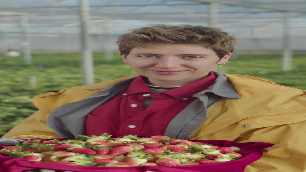 Portrait of Happy Female Farmer with Ripe Strawberry