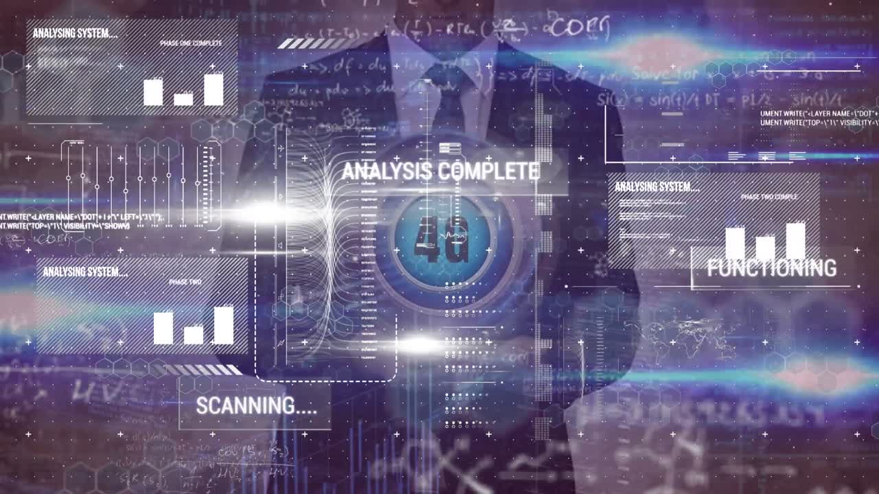 Animation of graphs, texts, mathematical sums ,4g text on hands of caucasian businessman