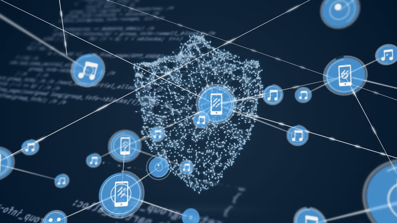 animación de la red de conexiones con iconos sobre el escudo de seguridad