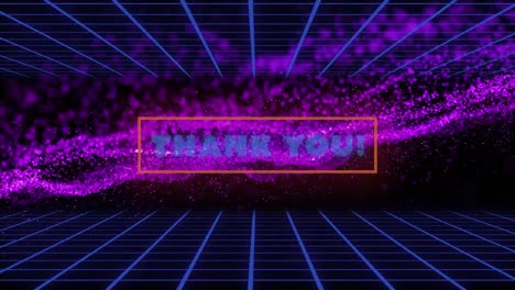 animación de agradecimiento texto banner sobre red de cuadrícula contra onda digital púrpura en fondo negro