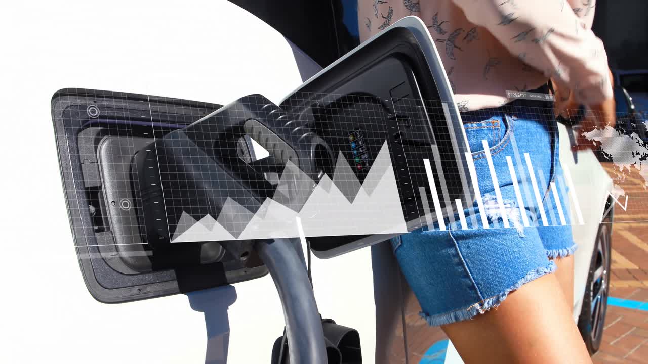 그녀의 차가 충전하는 동안 기다리는 여성의 중간 섹션에 대한 통계 데이터 처리 애니메이션