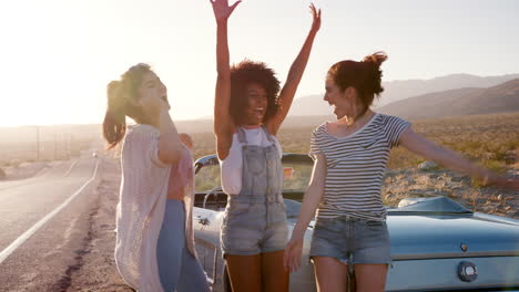 Girlfriends-having-a-fun-break-on-their-road-trip,-close-up