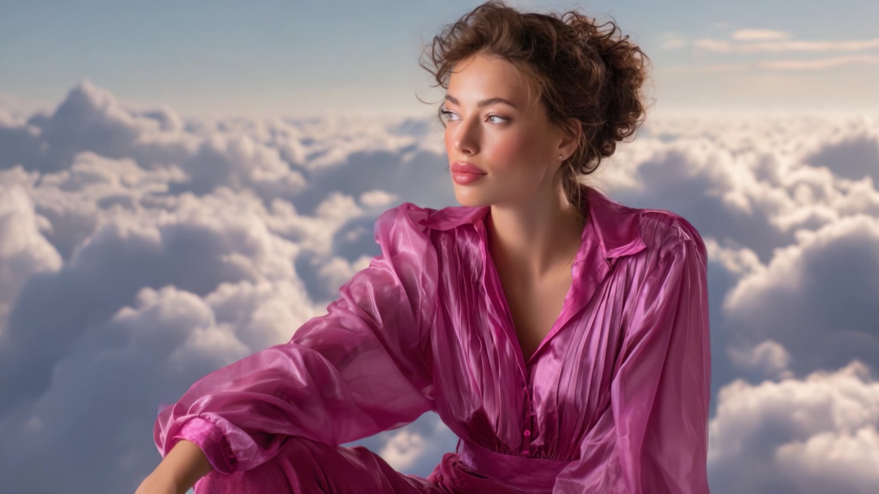 A Fashionable Model in a Pink Outfit Posing Gracefully Above the Clouds, Capturing a Serene Atmosphere with a Dreamy Background of Fluffy Cloudscapes