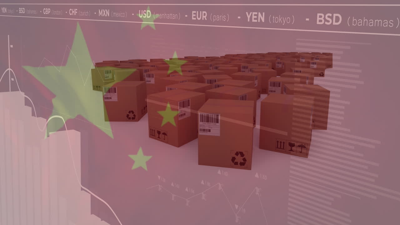 箱と中国の旗を背景にしたデータ処理のアニメーション