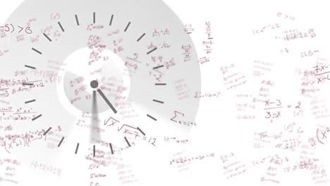 Digital-clock-ticking-against-mathematical-equations-moving-on-white-background