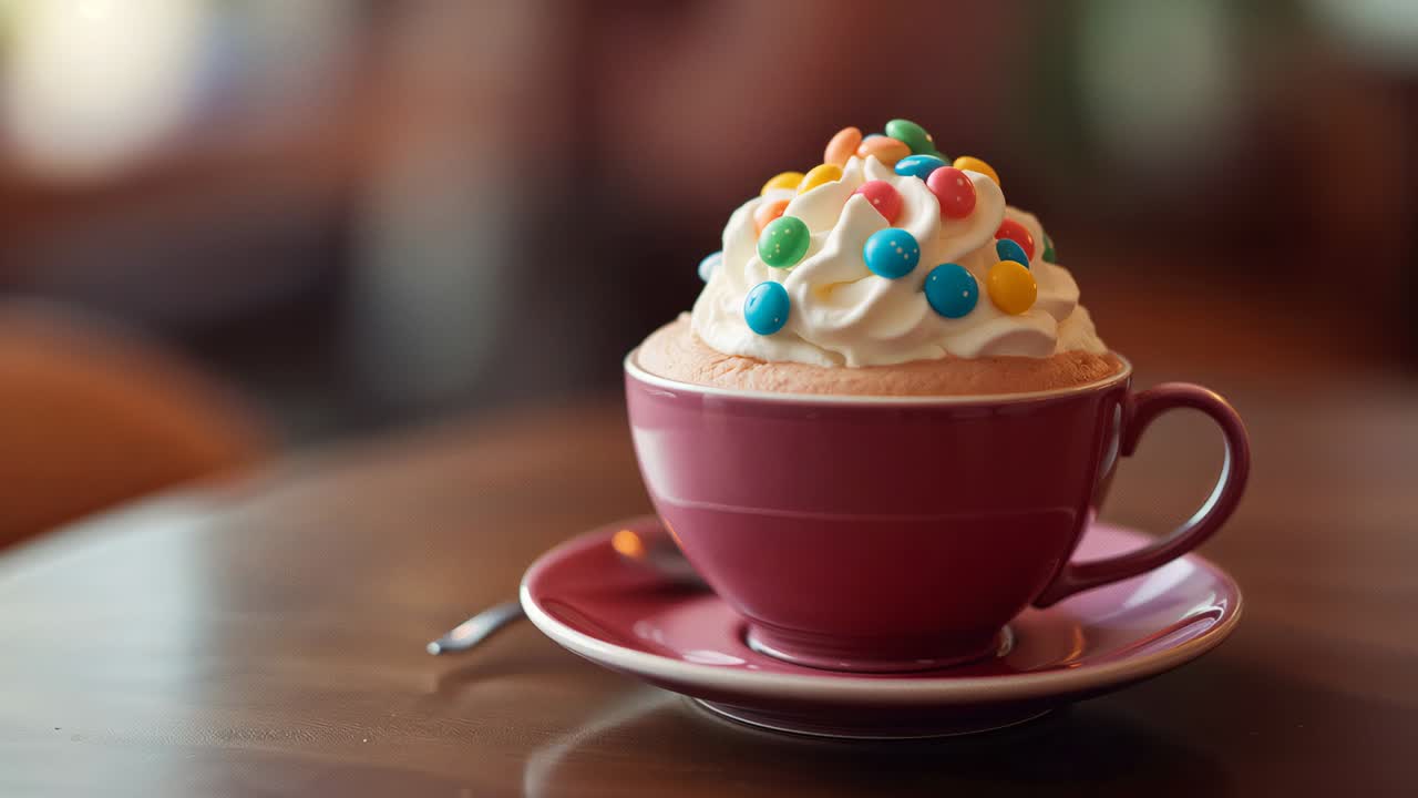 Camera zooming in on maroon cup on cafe table, shifting focus to whipped-cream candy-topped dessert