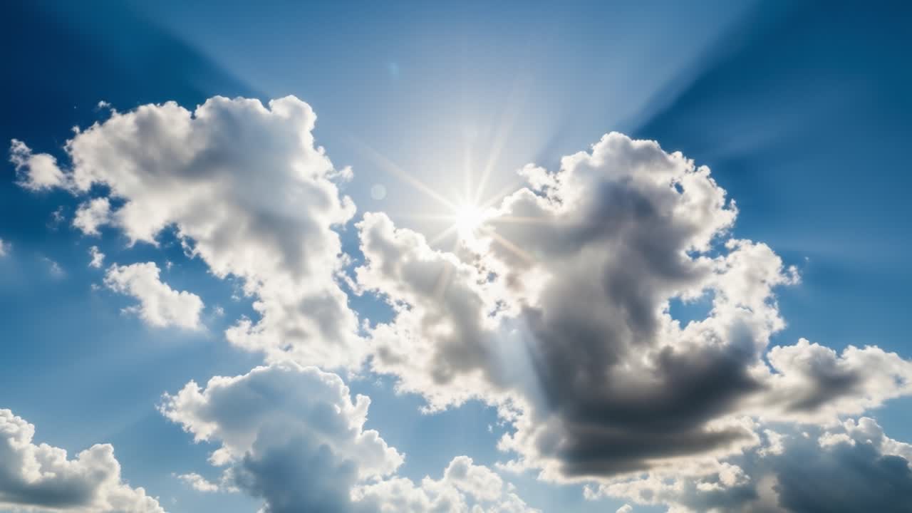 Sunbeams breaking through clouds in a blue sky