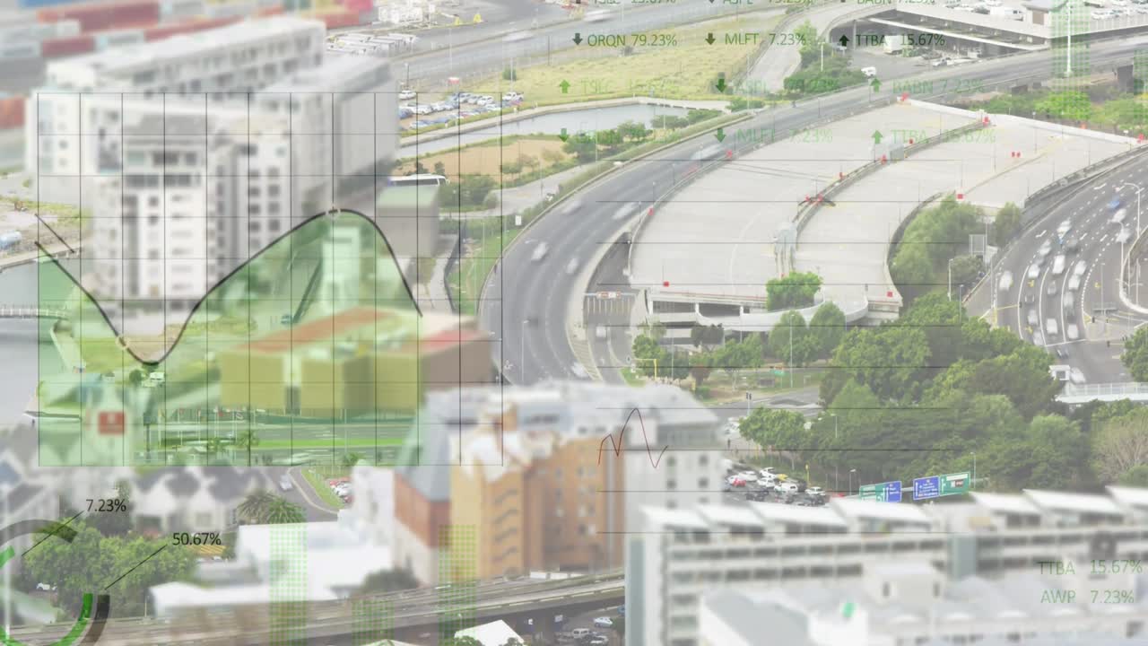 도시 풍경 위의 금융 데이터 처리 애니메이션