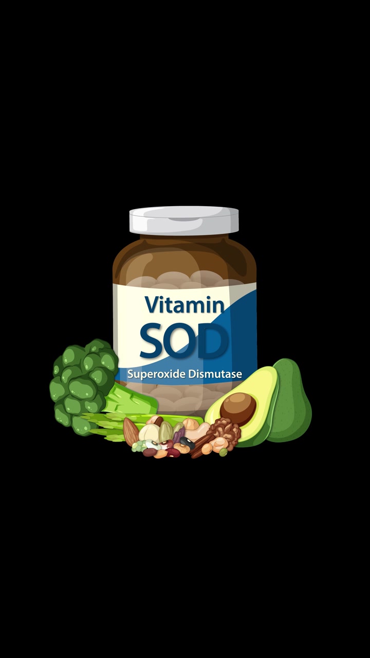 Bottiglia di vitamina SOD con noci, avocado e verdure che si animano su sfondo nero.